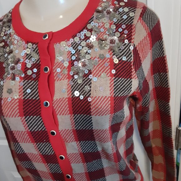 Charter Club Ravishing Red Sequined Plaid Cardigan Sweater - Picture 3 of 14